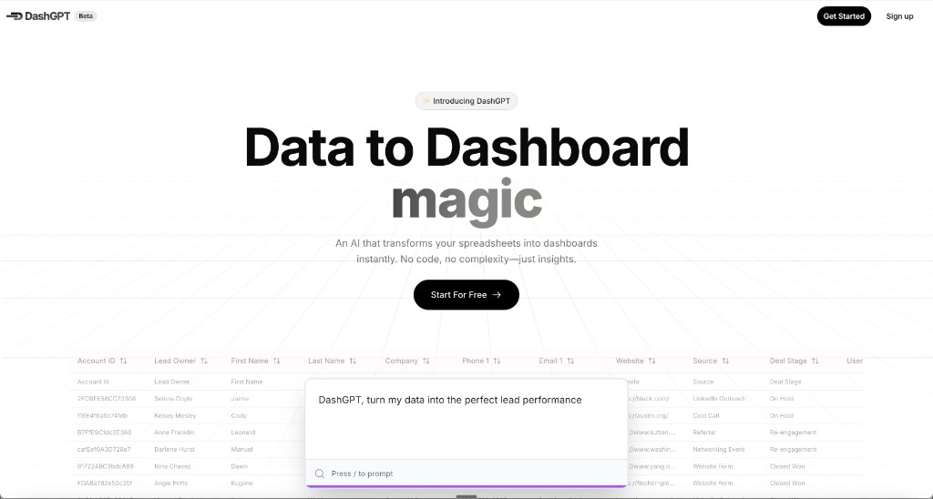 DashGPT landing page — Data to Dashboard magic